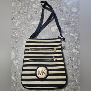 Faux Branded Black and Tan Canvas Striped Crossbody Bag